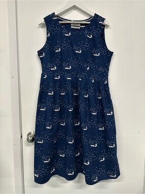 Seasalt Cornwall Gilly Dress Navy Sailboat Print Cotton Fit Flare UK 16 US 12